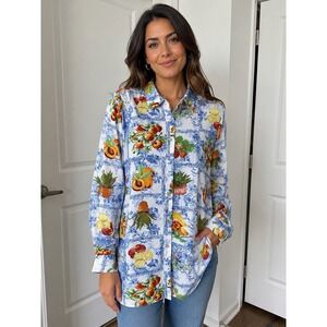 Rose & Olive Women's button-down blouse Colorful tile toile Fruit Print Size L